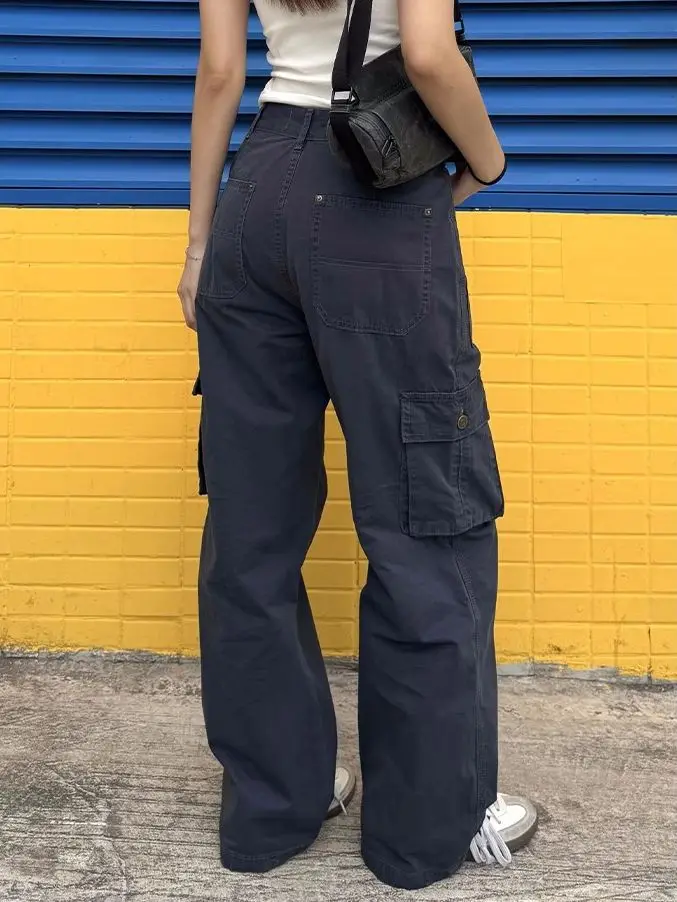 American Retro Multi Pocket Workwear Pants With Women'S Spring And Autumn Design Sense, Straight Tube Loose Wide Leg Pants