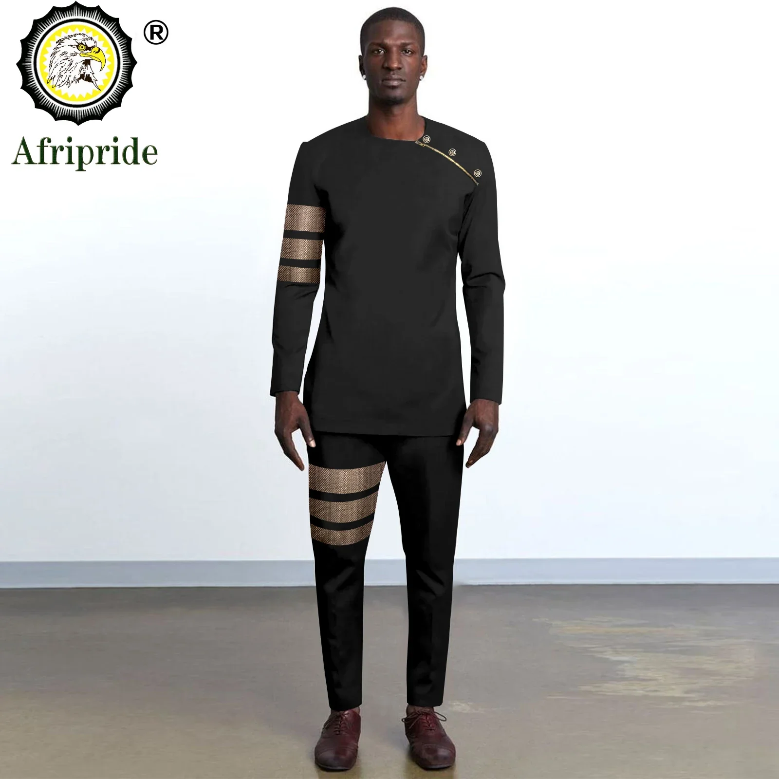 Men`s Suits Gold Button Long Sleeve Embroidery Zip Shirts and Pants 2 Piece Set Plus Size Casual Outfits African Clothes 2416110