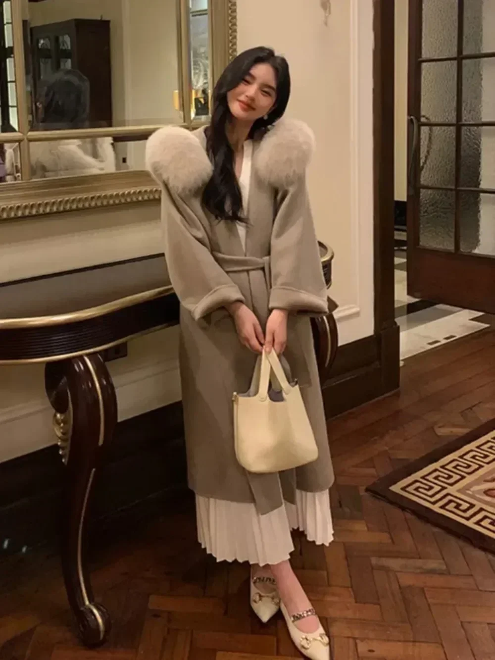 

Новинка 2025, женский дизайн, шерстяные пальто с капюшоном из натурального лисьего меха, верхняя одежда, куртки с поясом, женское пальто, мягкие шерстяные пальто