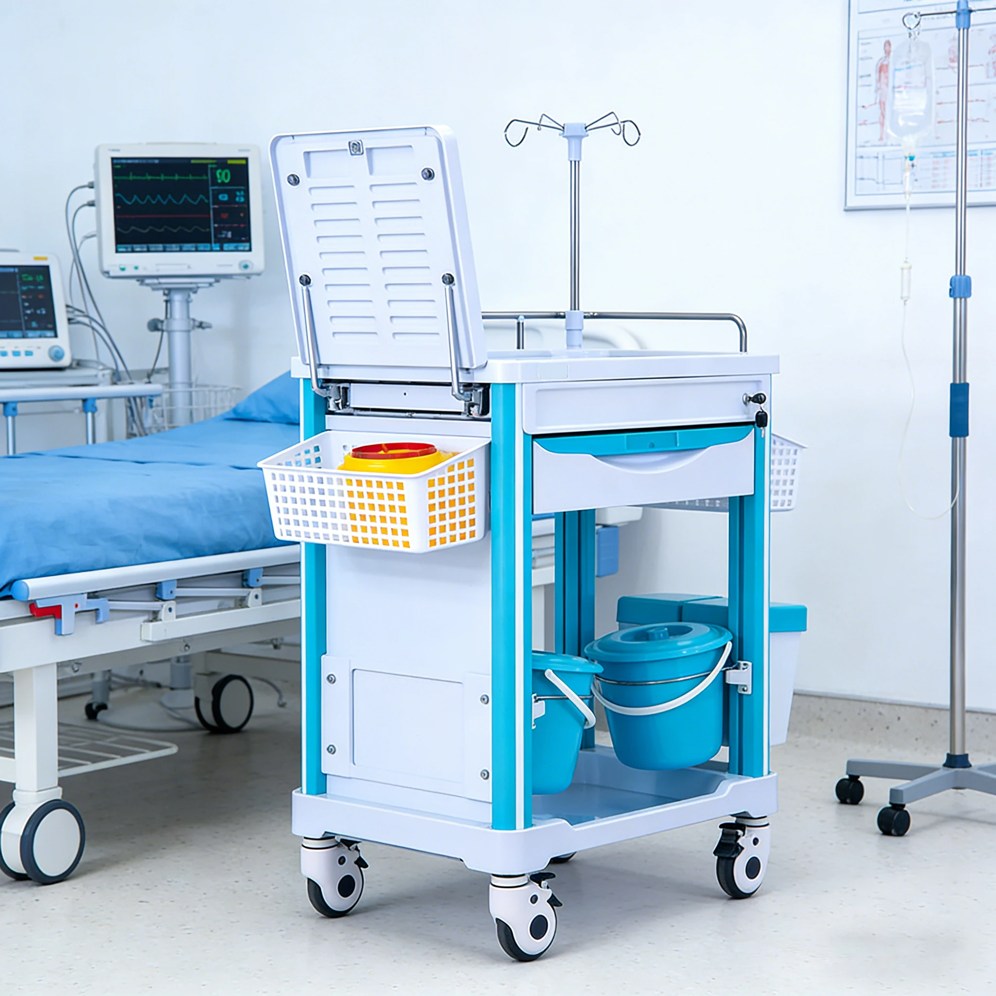 Medical ABS Plastic Hospital & Workshop Use Treatment Cart Medicine Box Multi-Function Durable 4 Castor Central Lock