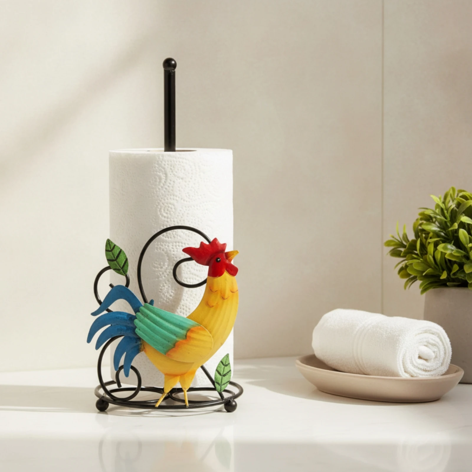 Paper Towel Holder with Rooster Figure Freestanding Rooster Figure Paper Towel Holder Farmhouse Rustic for Kitchen, Bathroom