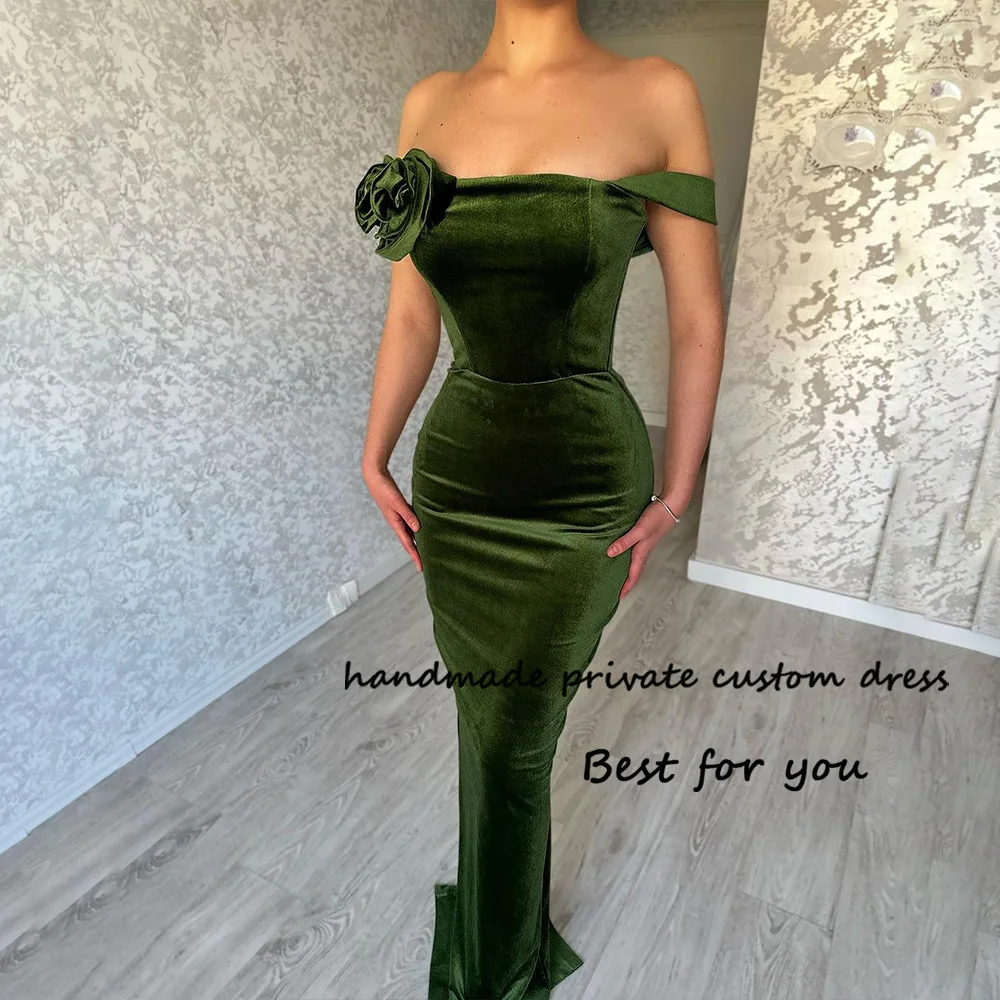 

Green Velvet Mermaid Prom Dresses Off Shoulder 3D Flower Sexy Bodycon Long Formal Party Dress Floor Length Evening Prom Gowns