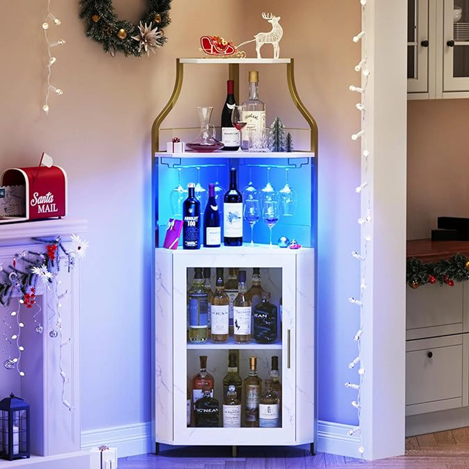 Armadietto da bar ad angolo, armadietto da bar in vino con luci a LED e ripiano regolabile, armadietto da liquore ad angolo con supporto in vetro e contenitore