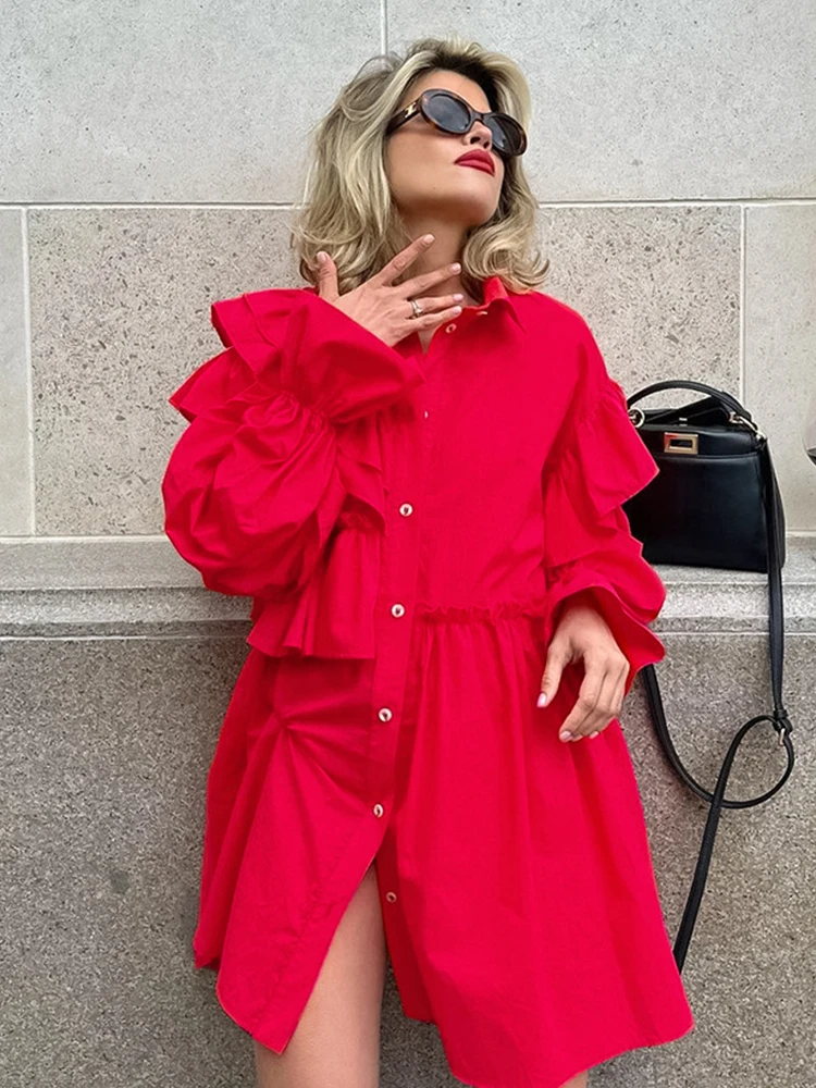 Mueyaruho Winter Spring 2024 Women Solid Red Mini Shirt Dress Office Ladies Ruffles Long Sleeve Loose Fit Dress For Women