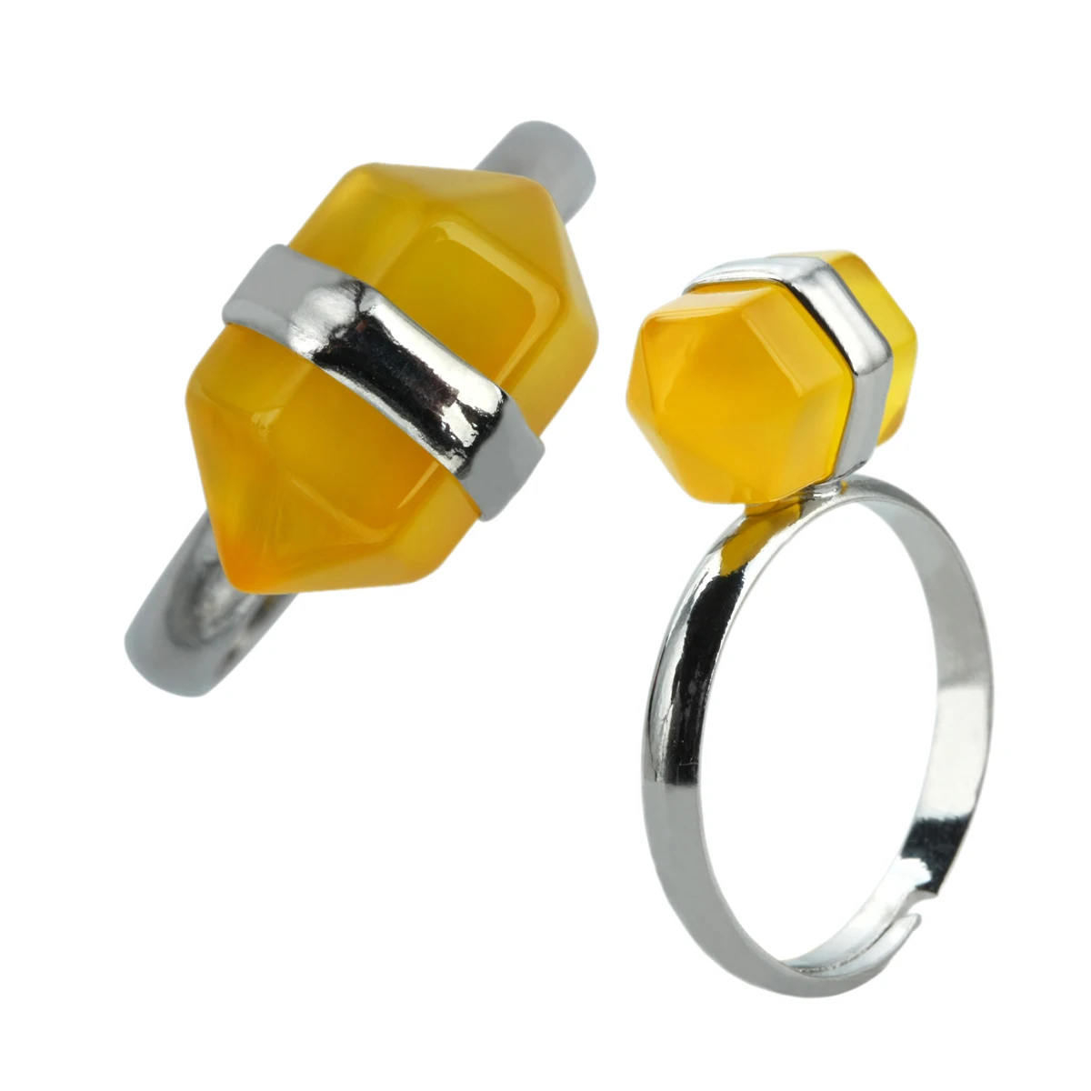 

9x15mm Natural Crystal Stone Hexagon Prism Pointed Cone Shape Inlay 18KGP Alloy Adjustable Ring Reiki Energy Healing Jewelry