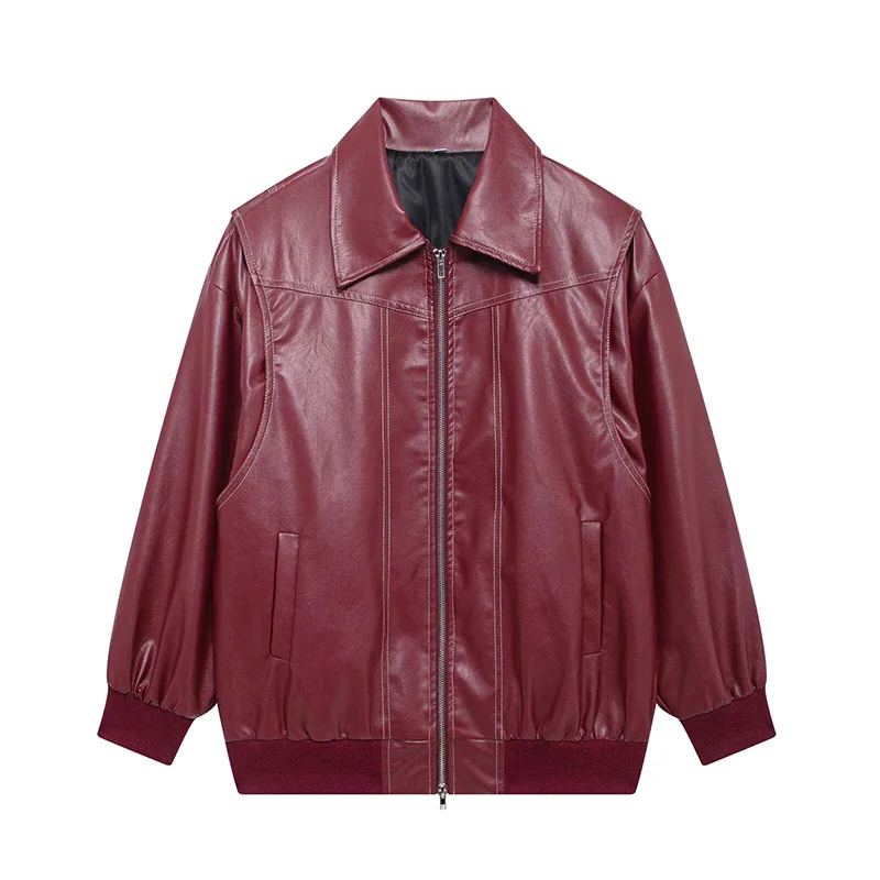 

Solid Loose Cropped Coat Women Fashion Lapel Long Sleeve Zipper Pockets Jackets 2025 Autumn Lady Shoulder Pad Street Outerwear