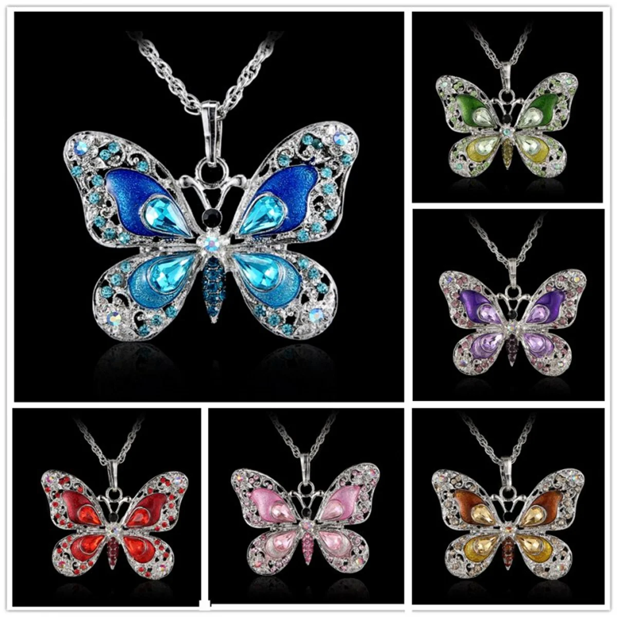 Vintage Colorful Crystal Butterfly Pendant Necklace For Women Fashion Collar Chain Necklace Party Wedding Aesthetic Y2k Jewelry