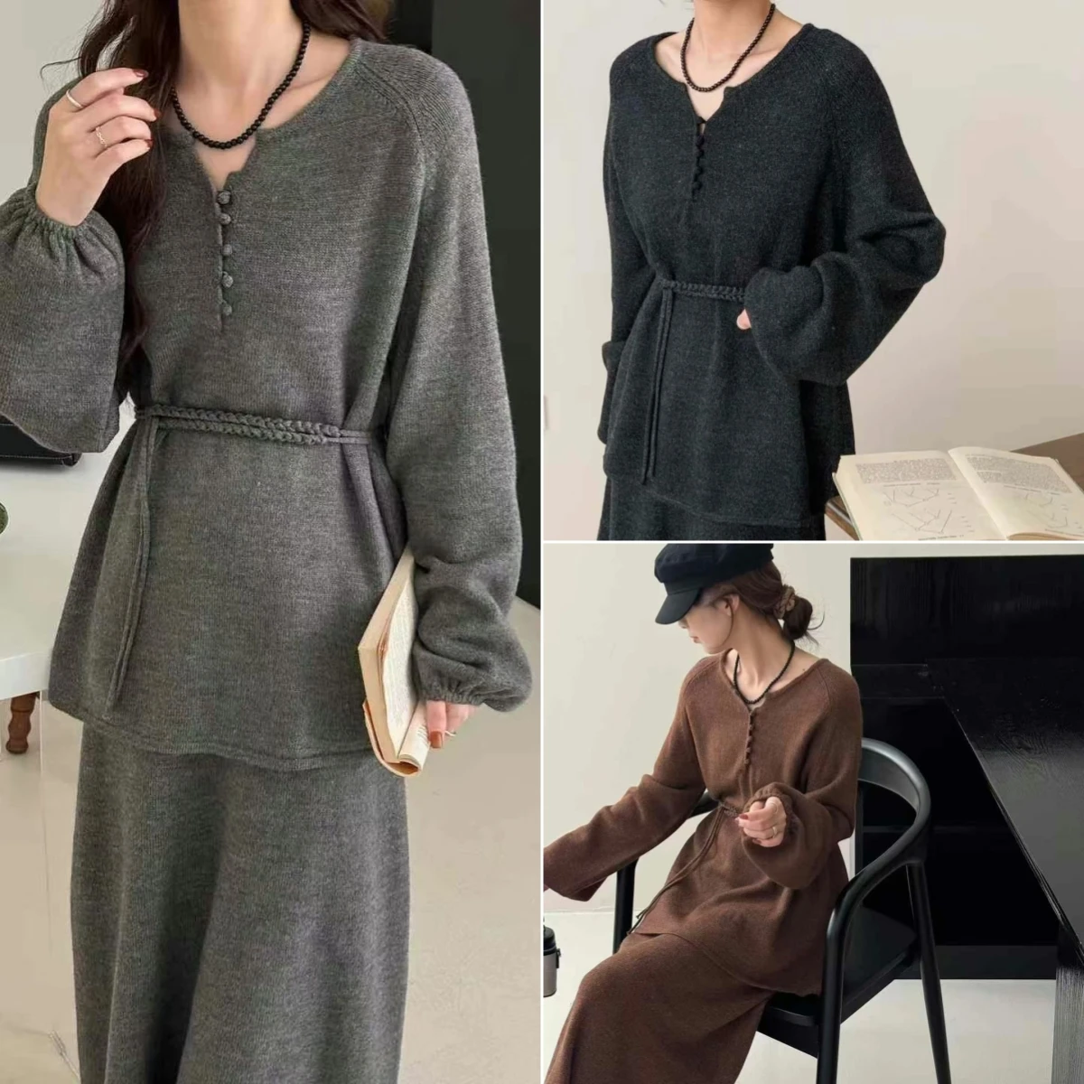 

Two Pieces Women Knitted Dress Set Solid Matching Set Lace Up Round Neck Coat Empire Waist Ankle Length Dress 2025 Autnmn Winter