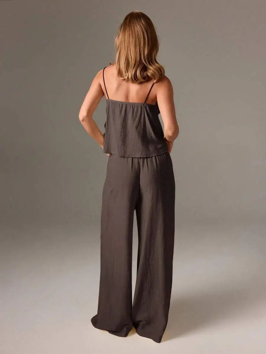

Cami Top And Wide Leg Pants Pajama Set With Drawstring Adjustable Straps Loungewear Sleepwear