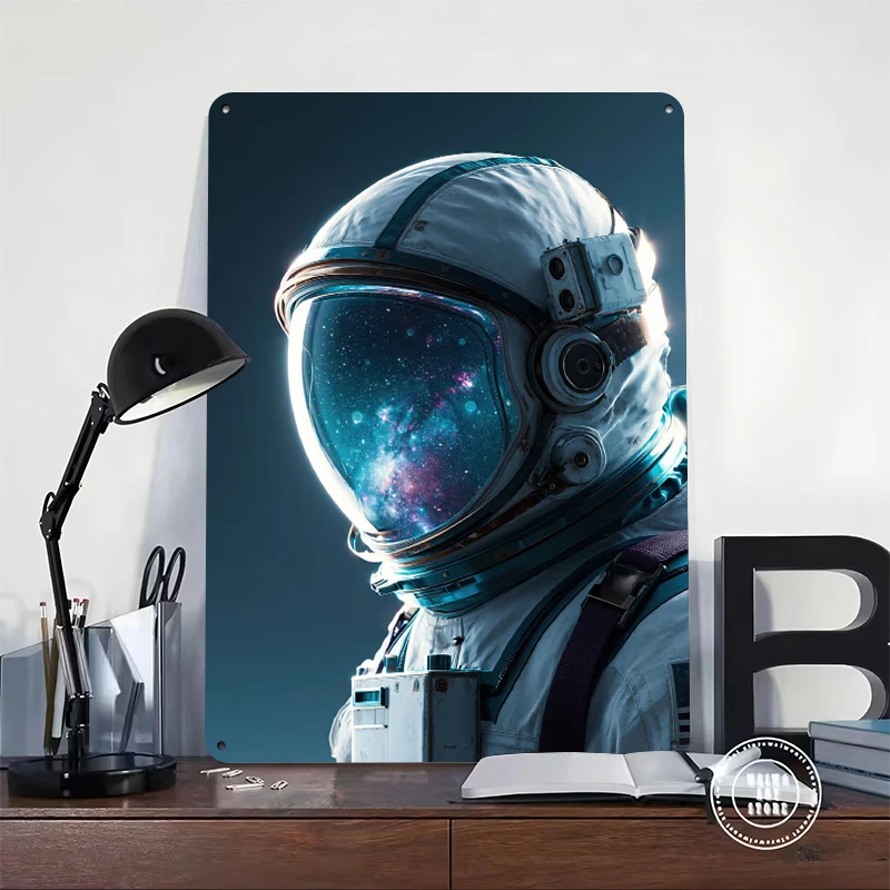 Astronaut Helmet Reflecting Galaxy Metal Poster Customized Wall Art Retro Vintage Tinplate Signs for Home Decoration Luxury Room