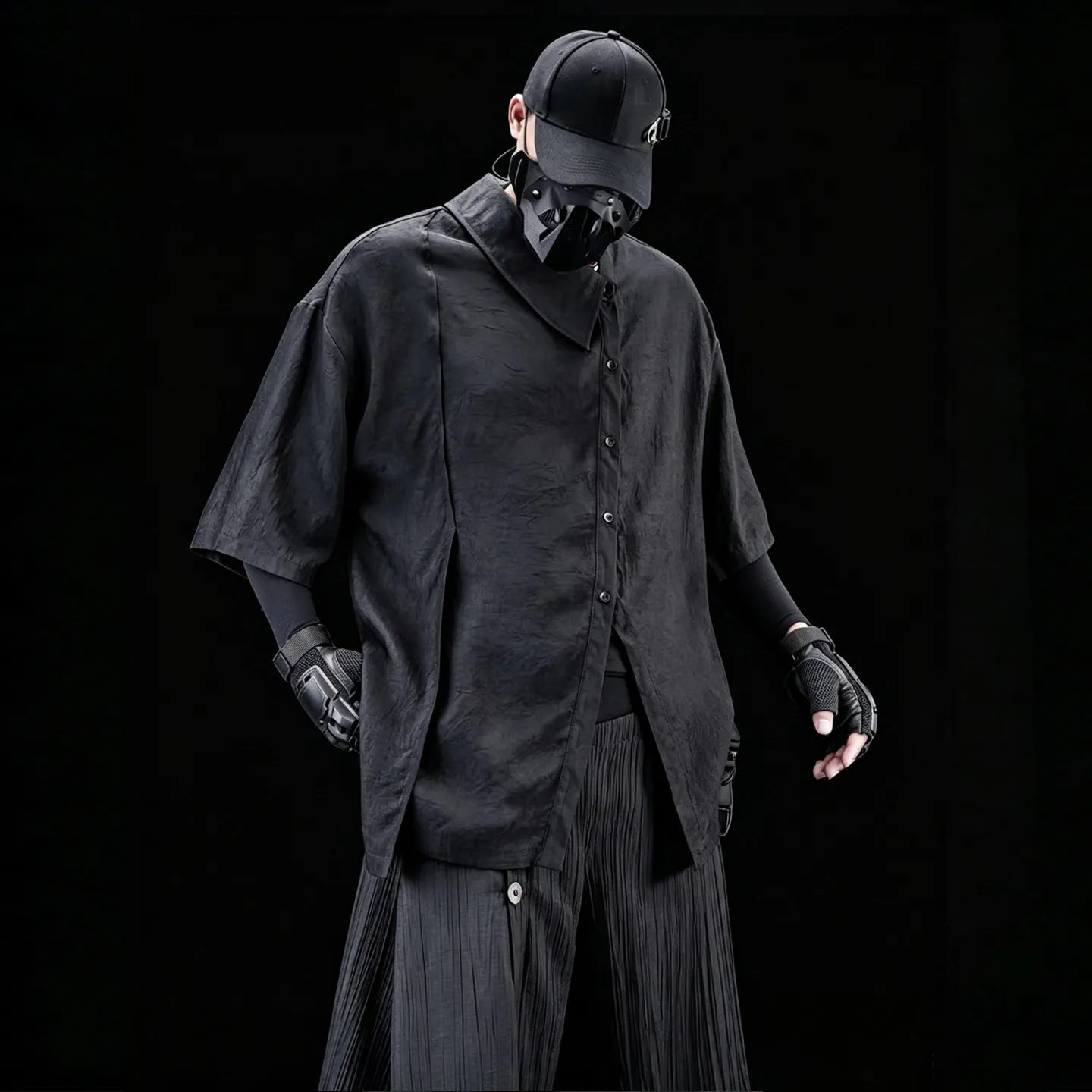 Designer's Dark Asymmetric Design 100% Acetate Shirt Men's Summer Half Sleeves Loose Mid-Length Drape Shirt