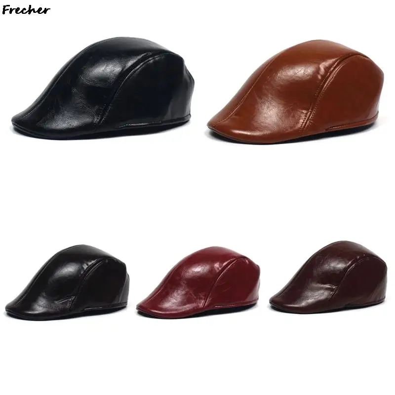 Bright Leather Berets Cap Men Classic Warm Newsboy Caps British Style Hats Male Driving Beret Gorras Vintage Beanies Hat