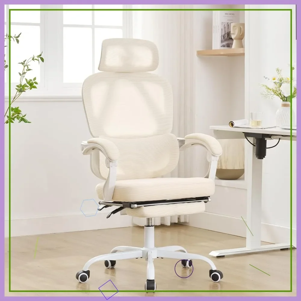 

Эргономичное офисное кресло с регулируемой поясничной опорой, подголовником и подставкой для ног, откидное компьютерное кресло с высокой сетчатой спинкой (бежевое)