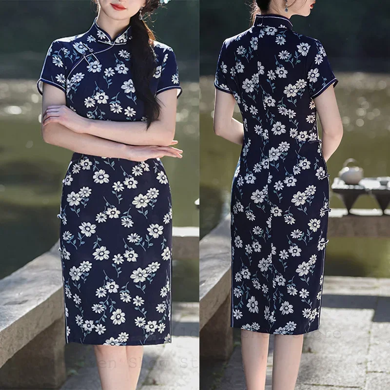 

Improved Slit Chesongam Sexy Chinese Dresses Tradition Style Print Qipao Women Short Casual Toast Costume Summer New Vestidos