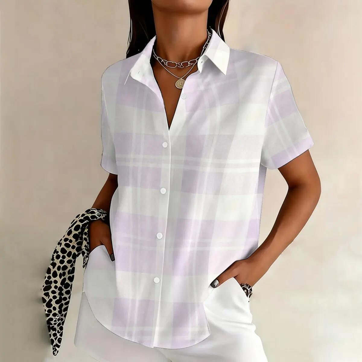 

Персонализированная минималистичная светлая женская рубашка с принтом, летняя, больших размеров, с отложным воротником, короткими рукавами, повседневная, универсальная, на каждый день.