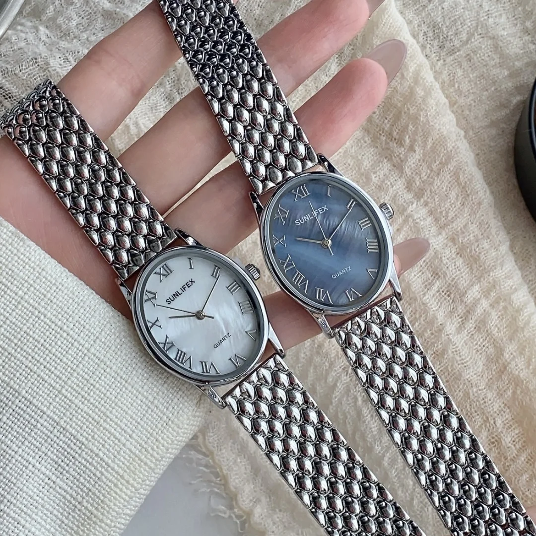 Sunlifex Brand Oval Shell Dial Women's Watch Ladies Bracelet Quartz Watch for Women Steel Strap Wristwatches Clock Reloj Mujer