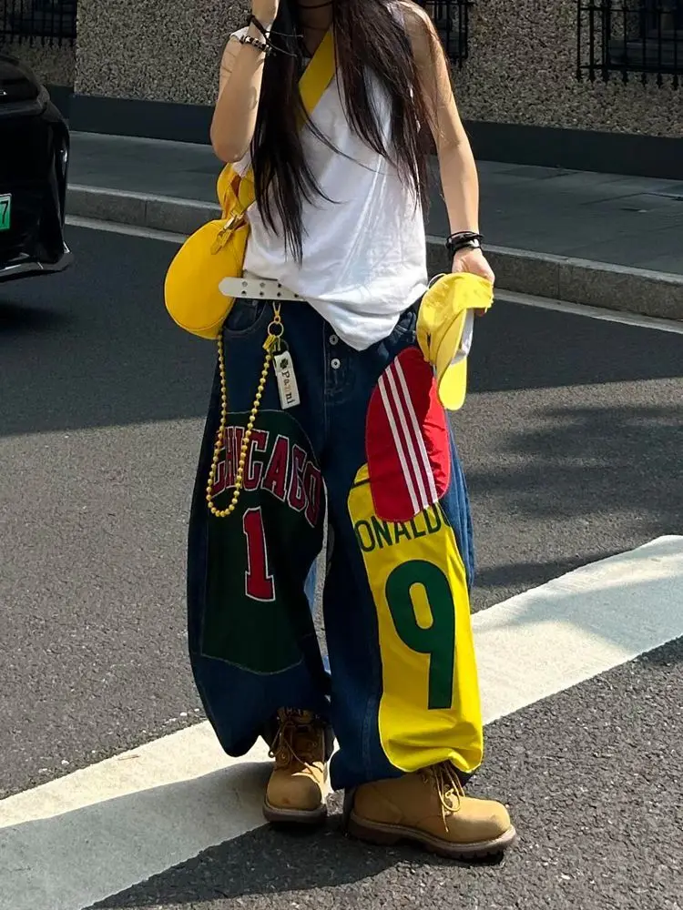 

Джинсы в американском стиле, большой размер, тяжелая наклейка, ткань, широкие брюки для мытья полов, джинсы с высокой талией для мужчин и женщин, модные готические брюки в стиле хип-хоп