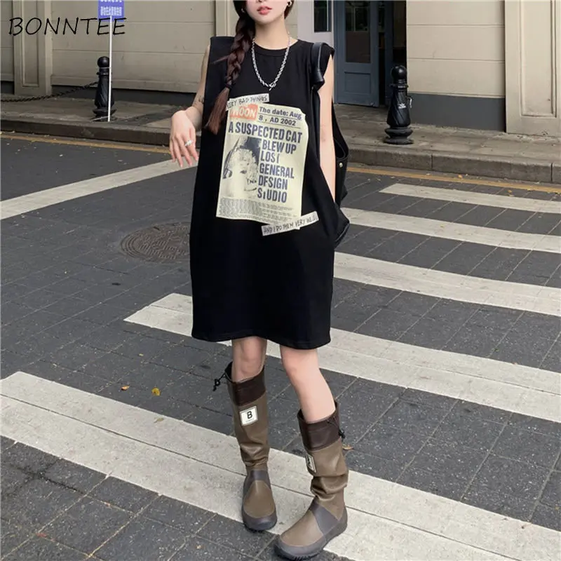 Dress Women Loose Daily Comfortable L-4XL Designer Students Print Simple All-match Harajuku Summer Leisure Korean Style Vintage