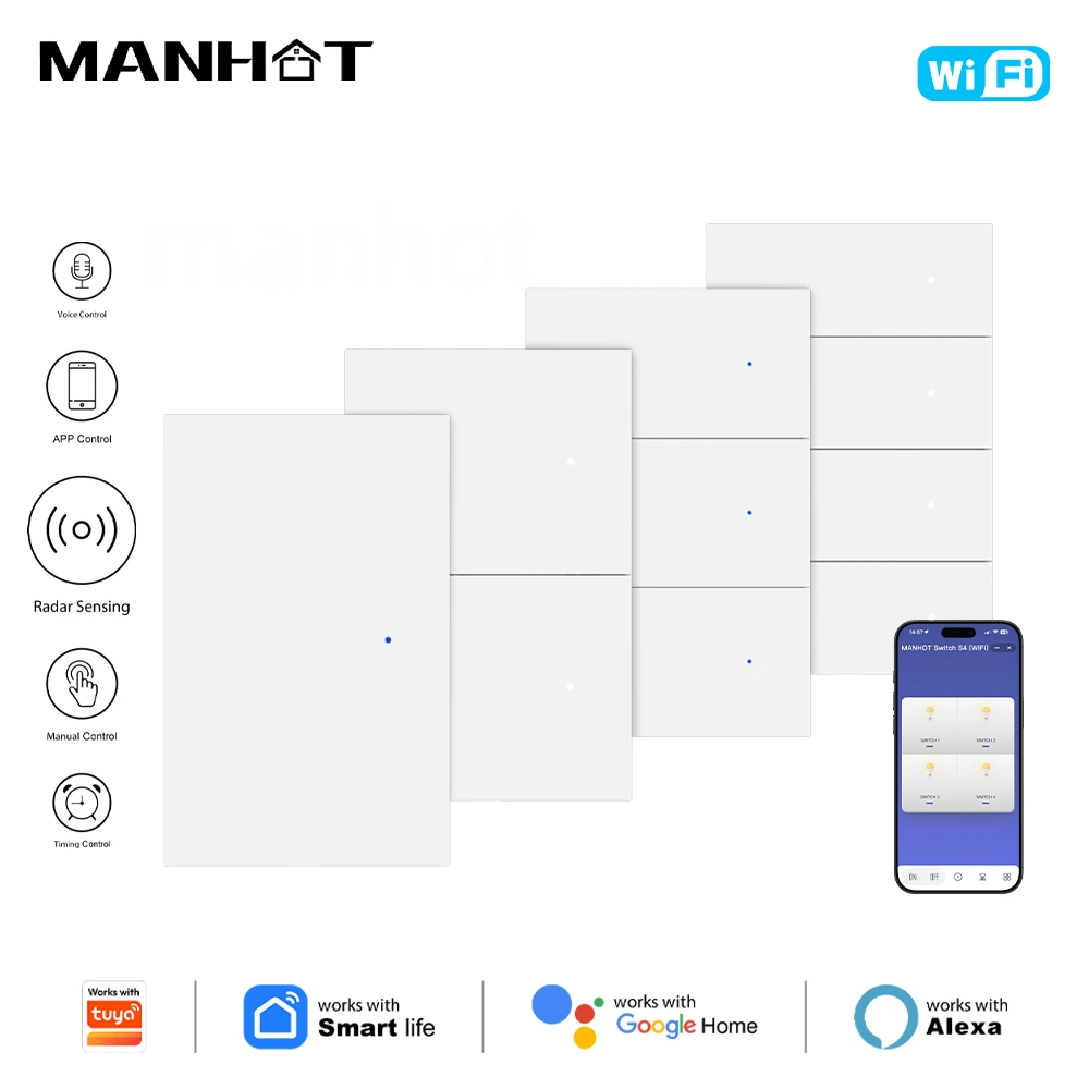 MANHOT WiFi Smart Light Switch - Neutral Wire Required US Standard Push Button Control Works with Tuya Alexa And Google Home