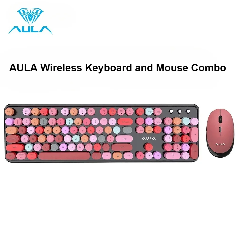 AULA Wireless Keyboard Mouse Combo 104 Keys Retro Round Keycaps Silent Typing 2.4G Ergonomic Office Gaming Set for PC Laptop