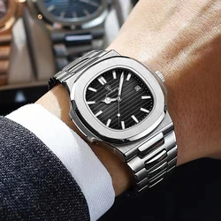 POEDAGAR 2023 New Luxury Square Quartz Watch Business Waterproof Male Clock Luminous Date Stainless Steel Men Watch Reloj Hombre