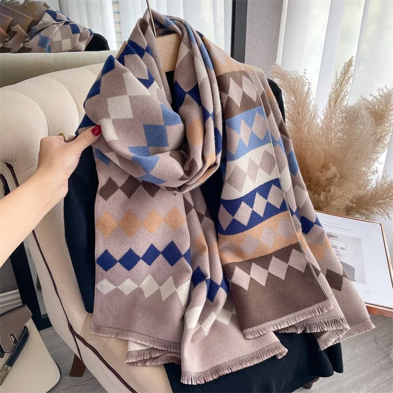 Fashion Contrast Colors Geometry Stripe Acrylic Cashmere Scarf Shawl Unisex Winter Neckerchief Thick Cape Wraps Double Sides