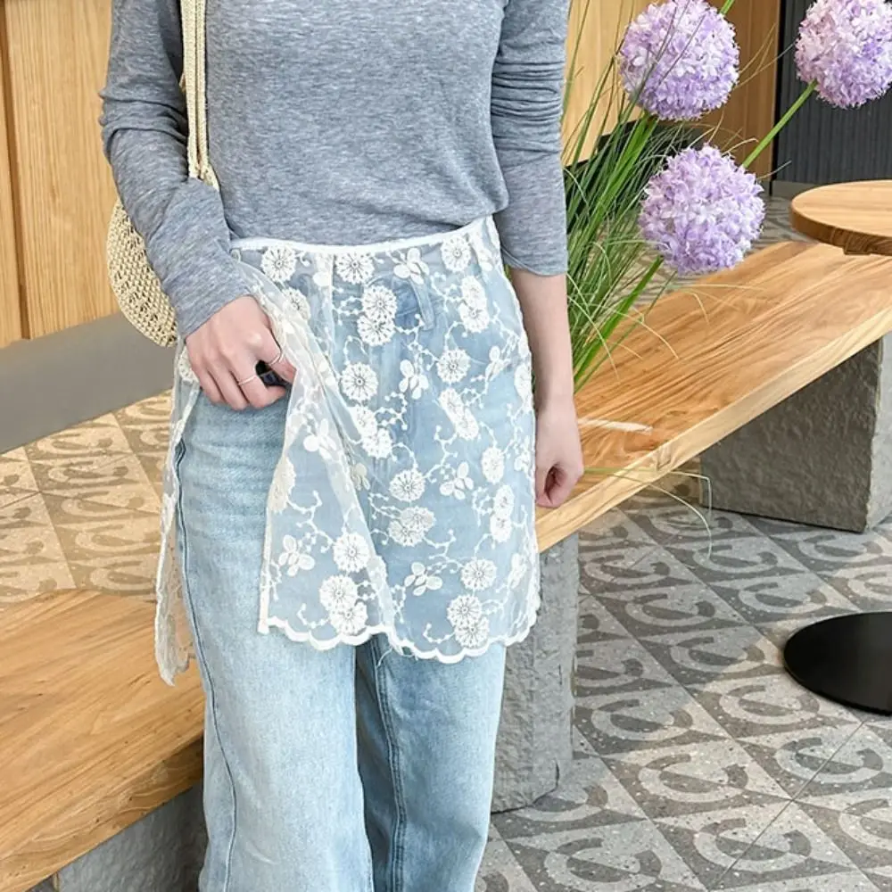 Soft Sweet Lace Half Skirt Flower Embroidery Y2K Gauze Skirt Lace-up Hight Waist Outwear Mini Skirt Streetwear