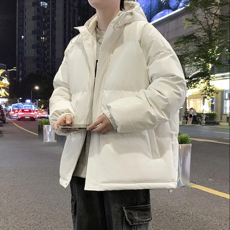 Korean style Men Solid Color Casual Trendy Simple Basic Loose Hooded Quilted Jackets Winter New Fashion Male Coats Clothes Tops