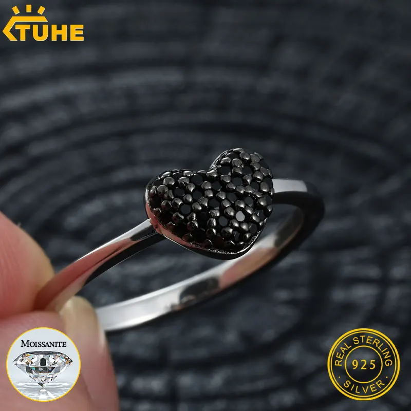 

TUHE Simple Women's Heart Black Moissanite Ring D VVS1 Pass Diamond Test Pen S925 Silver GRA Certificate Women's Wedding Ring