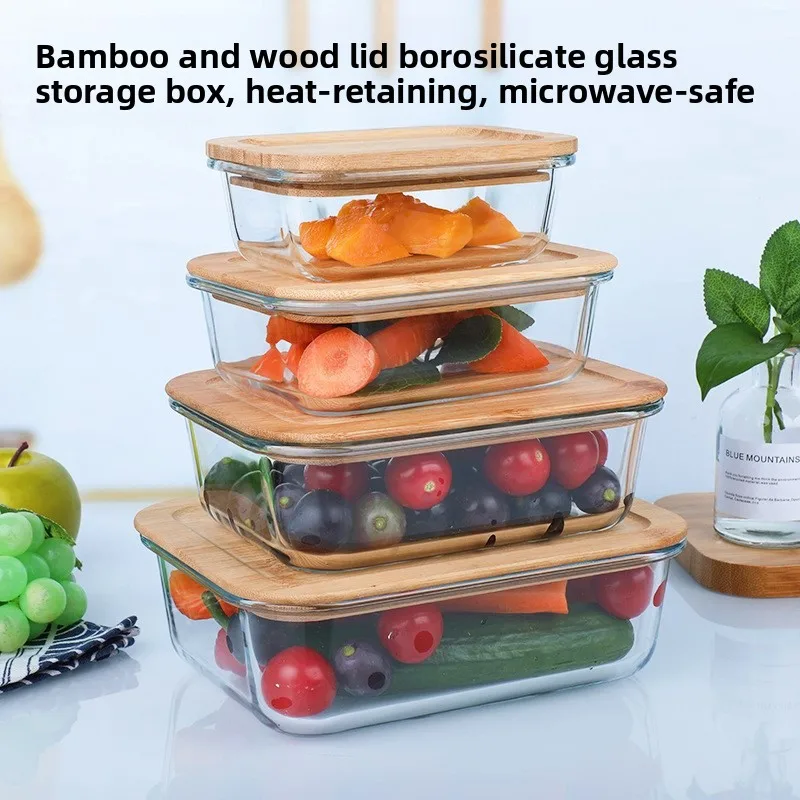 Microwave Safe Glass Lunch Box with Bamboo Lid Sealed Preservation Container Transparent Glass Bowl for Easy Meal Prepping view 2