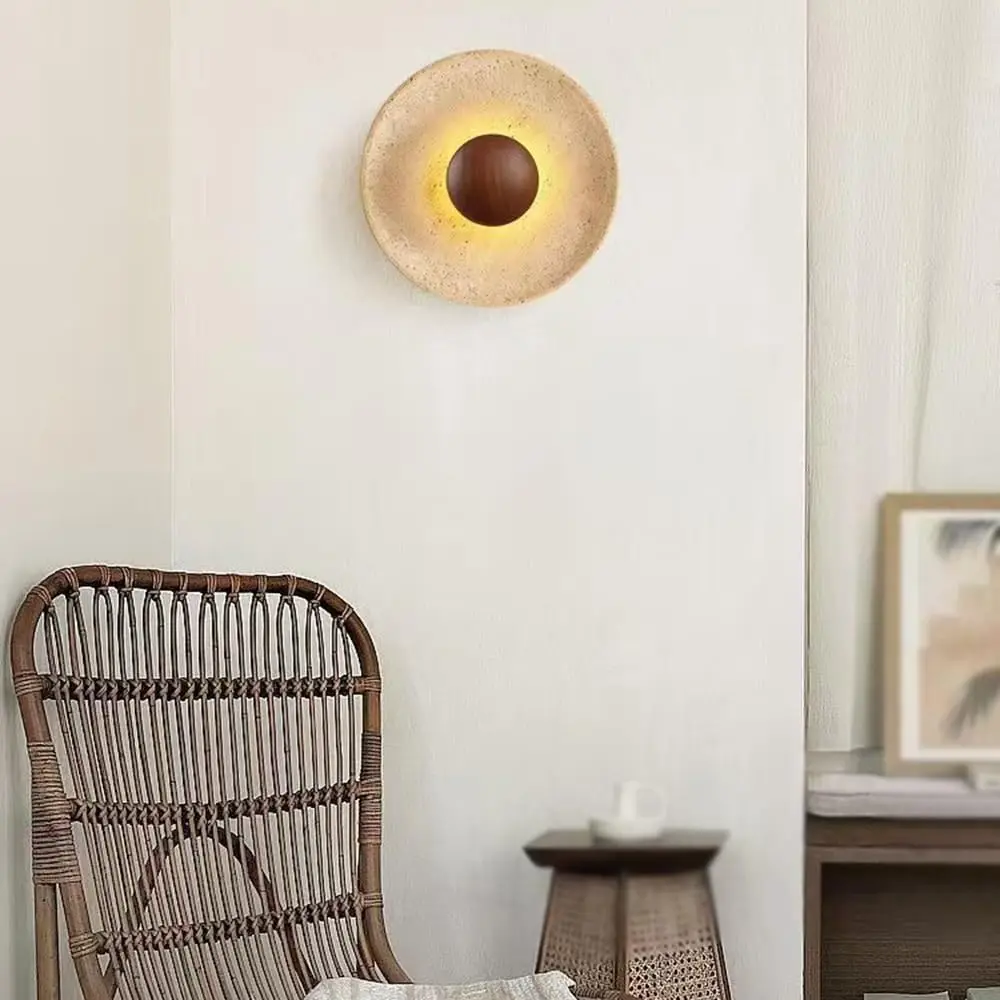 Natural Travertine Wall Lamp Wabi Sabi LED Stone Wall Sconce 5W 3000K Hardwired Wood Ball Bedside Light for Hotel Living Room