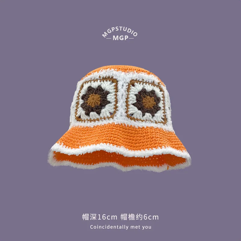 2024 Autumn New Sweet Cute Handmade Knitted Hat Women Korean Ins Crochet  Flower Bucket Hat Y2k Fashion Weaving Winter Beanies