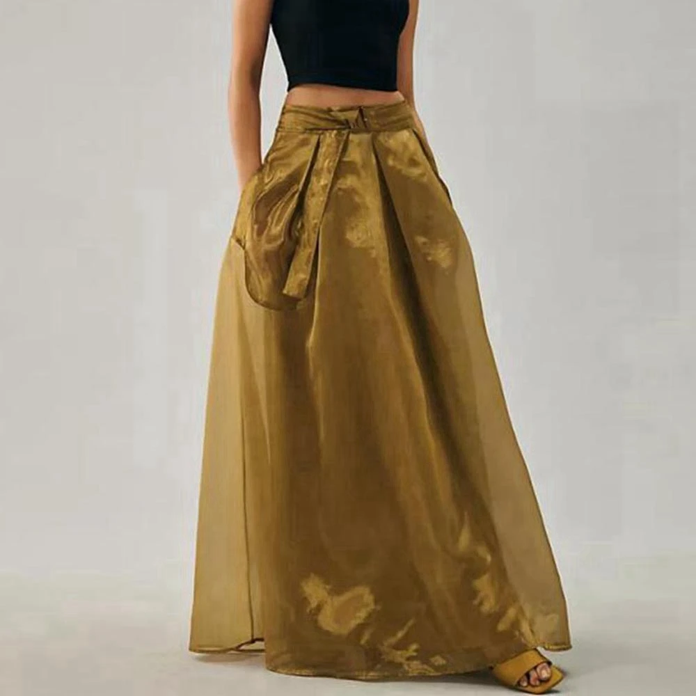 Elegant Organza Golden A-line Party Skirt Floor length Long Evening Skirts With Pocket Custom Made Woman Clotes Ever Pretty