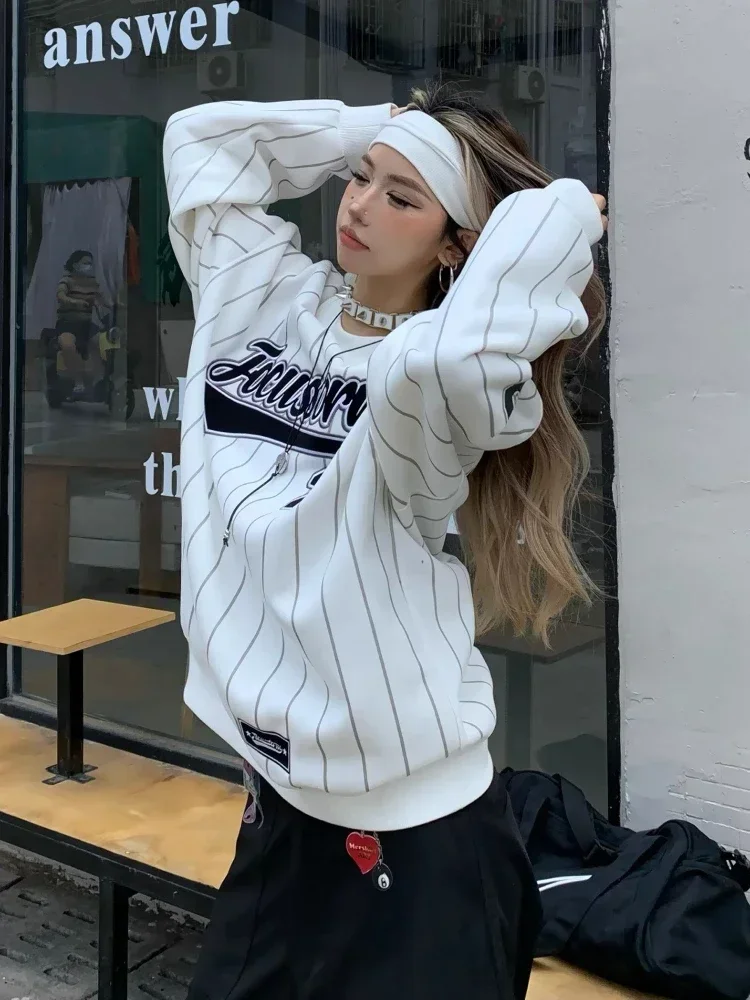 Adagirl y2k rosa übergroße Sweatshirt weibliche gestreifte Langarm Baseball Hoodie Hip Hop Streetwear lässige Frauen Kleidung kpop