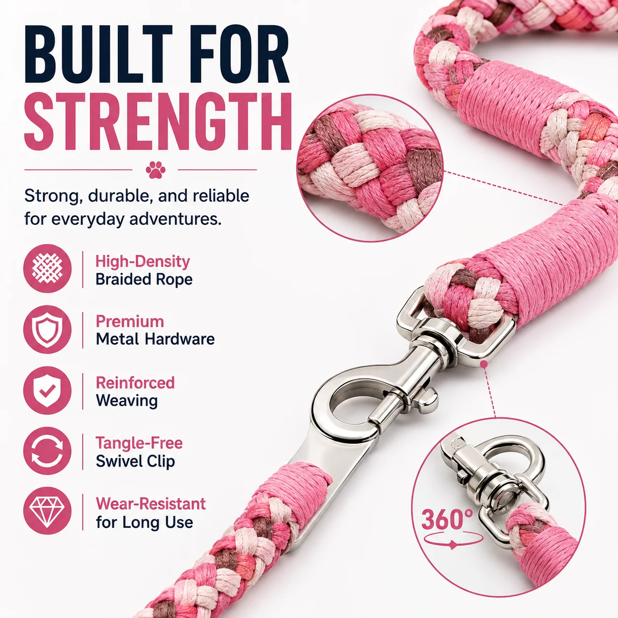 Dog Car Seat Belt, Adjustable Shock-Absorbing Braided Rope Safety Tether with 360° Swivel Clip for Harness, Travel Restraint