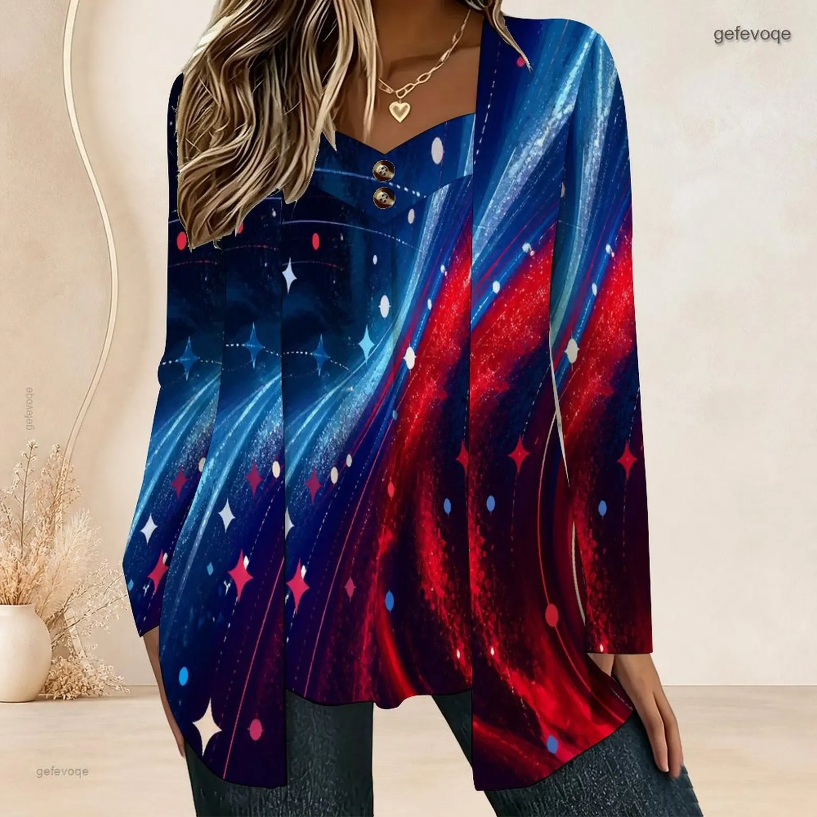 Chemisier à manches longues pour femmes, effet deux pièces, cardigan ouvert avec haut cami, col en V, détails boutonnés, devant plissé, tunique ample et surdimensionnée.