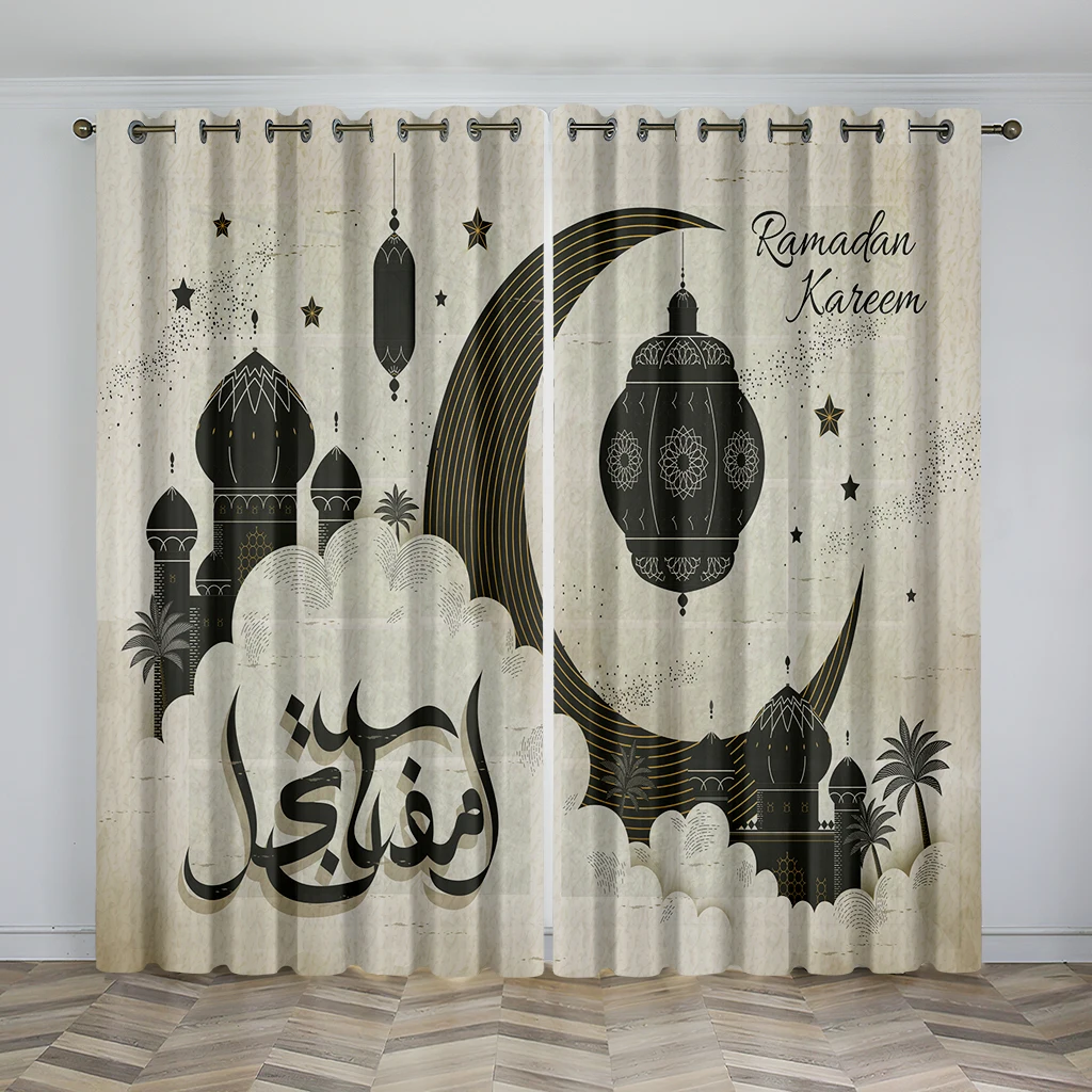 3D Luxury Eid Home Decor Curtains 2 Panels Islamic Muslim Home Living Room Bedroom Kitchen Decoration Curtains