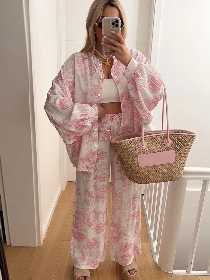 

Marthaqiqi Printing Loose Female Pajamas Suit Turn-Down Collar Sleepwear Long Sleeve Nightwear Pants Casual Women Nightgowns Set