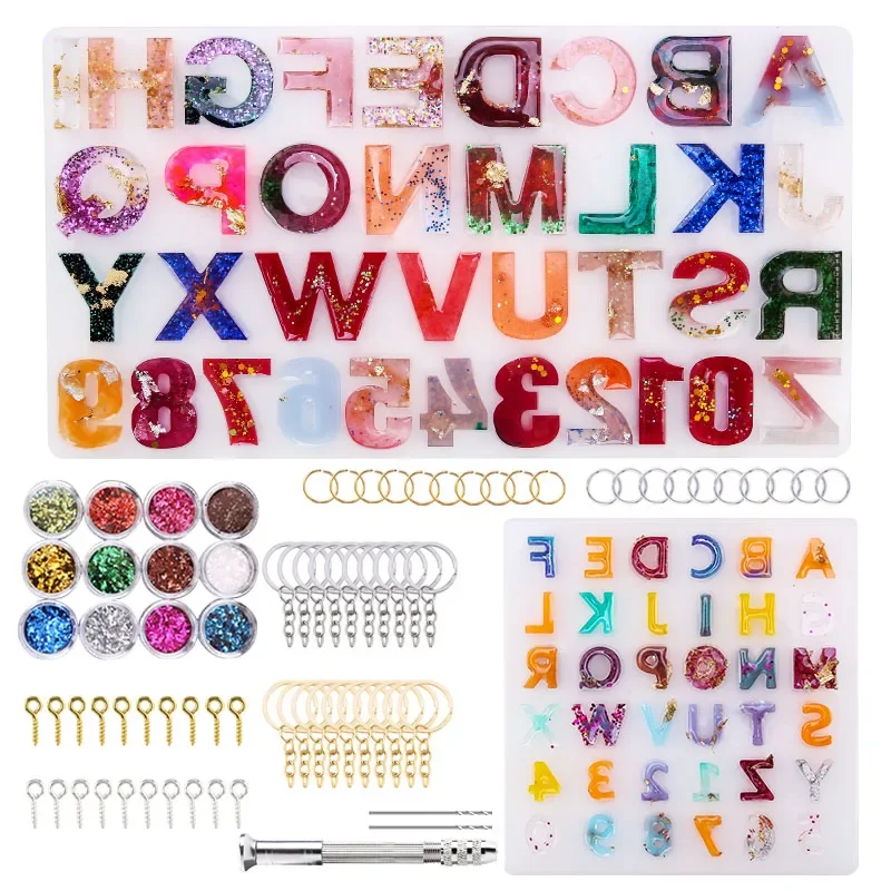 Alphabet Epoxy Resin Mold Kit Reverse Letter Number Silicone Molds Epoxy Casting Mold for Key Chain Pendant Making DIY Jewelry