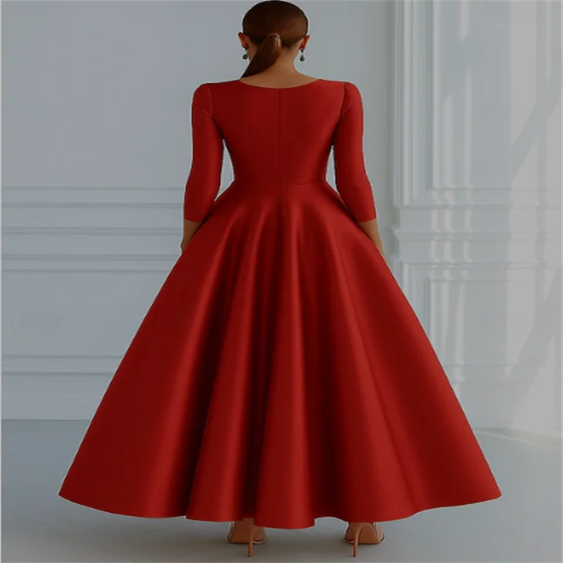 Vestido de noche largo rojo para mujer, vestidos de fiesta elegantes de línea A, vestido de fiesta de manga larga con cuello en V 2025, personalizado