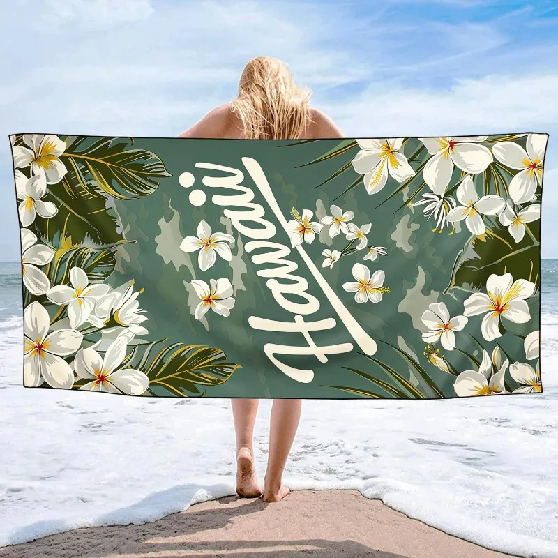 Hawaii Beach Towel - White Plumeria & Tropical Leaves Print, Soft Microfiber Quick Dry Sand-Free for Travel Pool