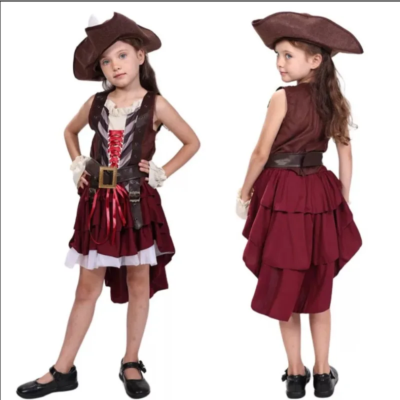 

Little Ones Pirate Costume Medieval Pirate Captain Dress with Hat Halloween Carnival Cosplay Outfit Buccaneer Princess Dress