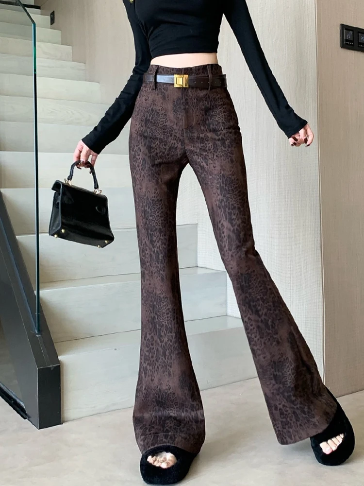 Retro leopard print coffee colored micro flared pants women in autumn and winter thickened slimming velvet flared pants