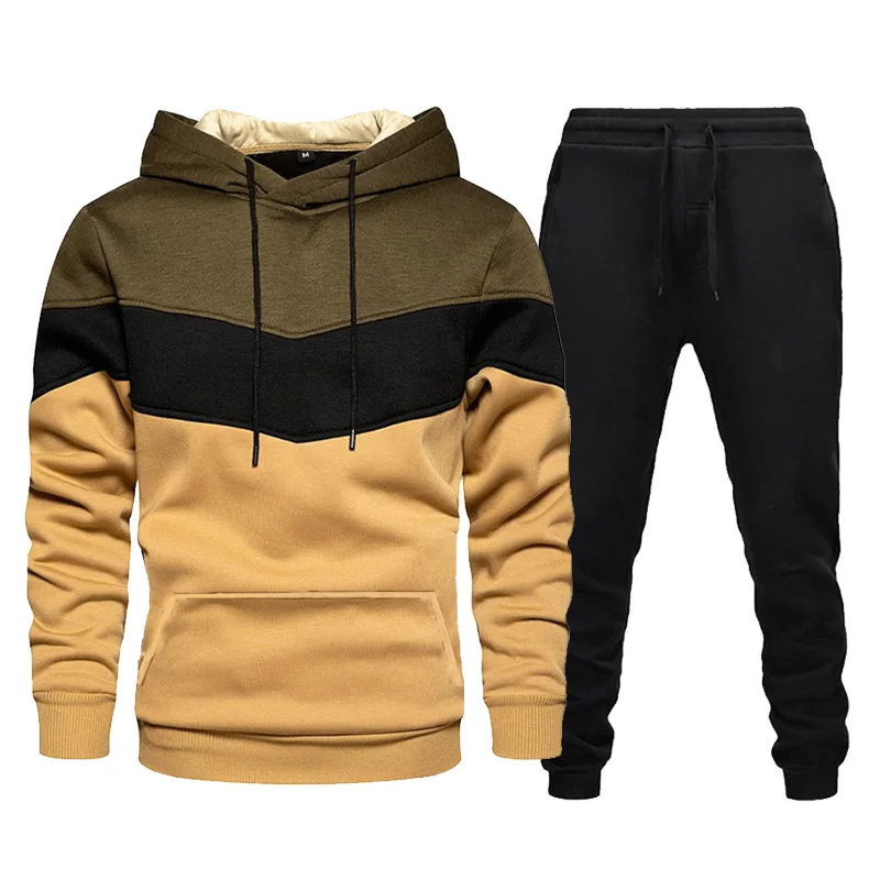 Men\'s Tracksuits Patchwork Hoodie Sweater and Pants 2 Pieces Set Casual Loose Fleece Warm Streetwear Male Fashion Sportswear