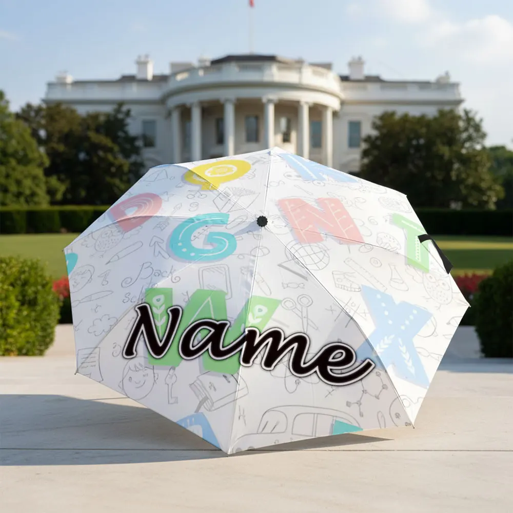 Custom Name Umbrella Colorful Alphabet Letters Doodle School Themed Print Folding Umbrella,Portable Travel Parasol For Kids