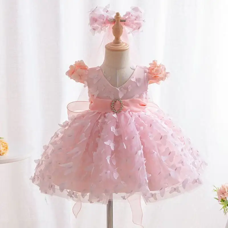 

Children's dress fluffy butterfly flower children's wedding dress evening dress+headdress birthday party girl princess dress
