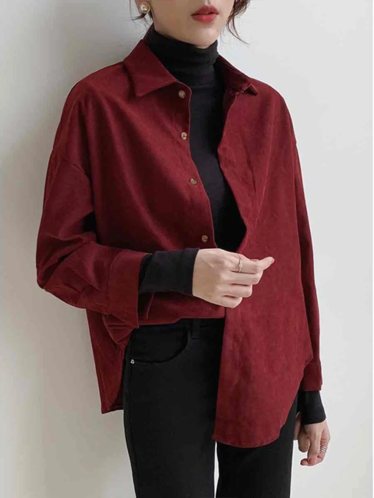 

Retro Brued Long Sve irt Women's Loose Lazy Hong Kong Sle Layered Top Coat Brand Button European Goods Autumn Winter