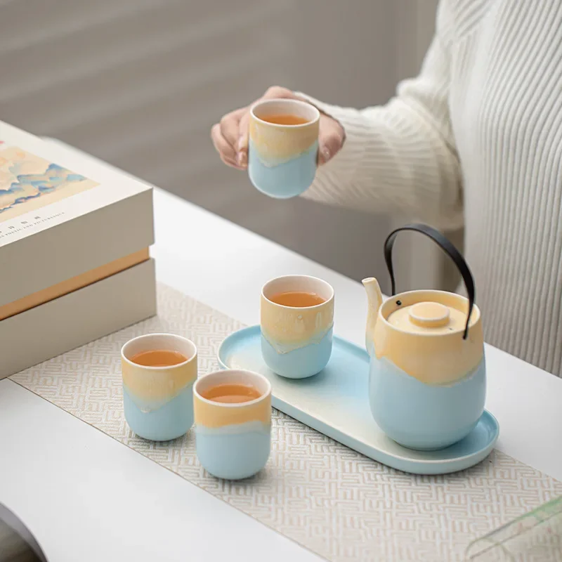 Colorful Shanhai Tea Set, One Pot and Four Cups, Household Ceramic Teapot, Business Gift, High-end Teapot, Teacup Gift Box Set
