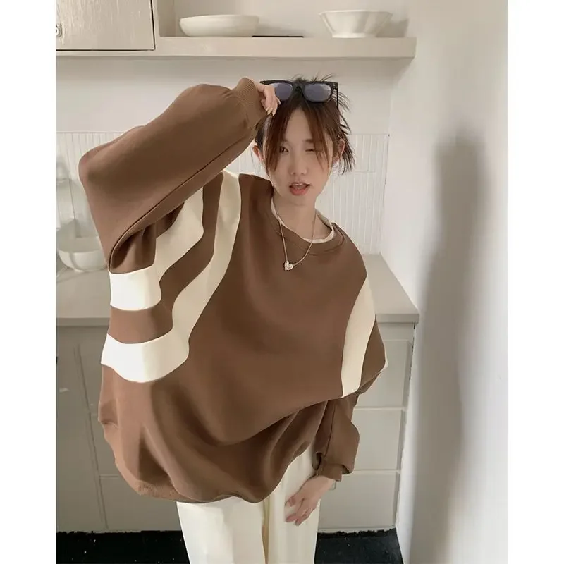 Oversized Lazy Stripe Spliced Contrast Sweater with Autumn and Winter Design Small and Super Loose Round Neck T-shirt Ins Top