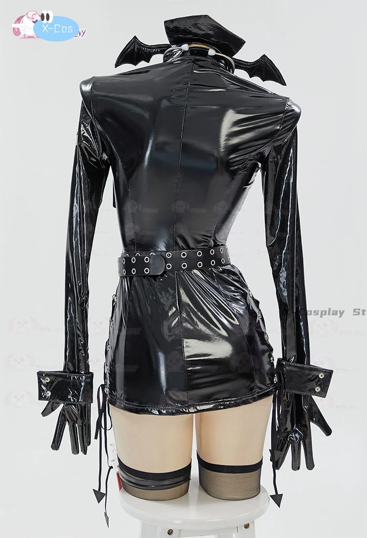 Fantasia Cosplay Enfermeira Gótica de Halloween, Uniforme Preto Sexy, Bandana com Meias Altas para a Coxa e Colar, Em Stock